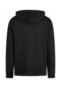 Sudadera con capucha negra de textura suave. Cuenta con mangas largas, puños acanalados y un dobladillo recto. Sin logotipos ni diseños visibles.