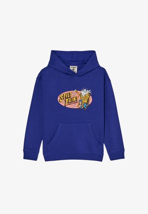 Sweat à capuche bleu avec poche avant montrant un graphique d'un singe portant un seau de peinture renversé et le texte "Spilt Paint Element & Timber".