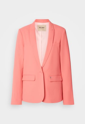 Coral pink blazer with a notched lapel, two front pockets, single button closure, and a smooth texture. Lined interior with brand label visible.