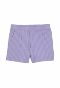 Light purple cotton shorts featuring vertical stripes, elastic waistband, and side pleats for added comfort and style.