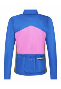 Modrá bunda s dlouhým rukávem, zdobená geometrickým vzorem v růžové a zelené barvě, s kapsou na zip a elastickým pasem. Hladký, lehký materiál.