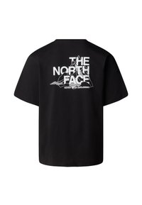 Černé bavlněné tričko s bílou grafikou hor a textem na zádech "THE NORTH FACE" a "NEVER STOP EXPLORING."
