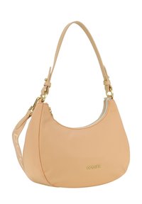 Borsa a spalla color pesca con una texture liscia, forma arrotondata, hardware dorato e chiusura con zip. Logo visibile sul davanti.