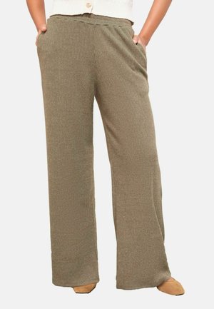 Olive green wide-leg pants made of ribbed fabric, featuring a stretchy waistband and side pockets for functionality.