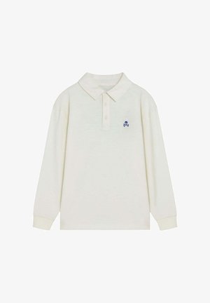Polo a maniche lunghe color avorio con tre bottoni e piccolo logo blu di teschio e ossa incrociate sul petto a sinistra.