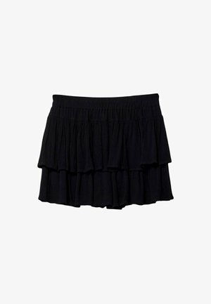 Crna mini suknja s volanima, od mekog materijala, s elastičnom gumom za udobnost. Lagana tekstura s slojevitim volanima.
