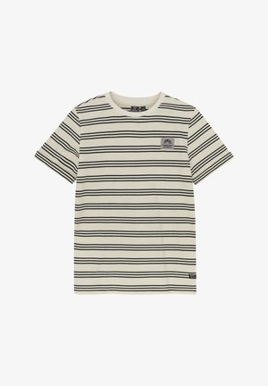 Cremefarbiges T-Shirt mit schwarzen horizontalen Streifen, Rundhalsausschnitt, kurzen Ärmeln und einem kleinen Logopatch auf der linken Brust. Aus Baumwollmaterial.