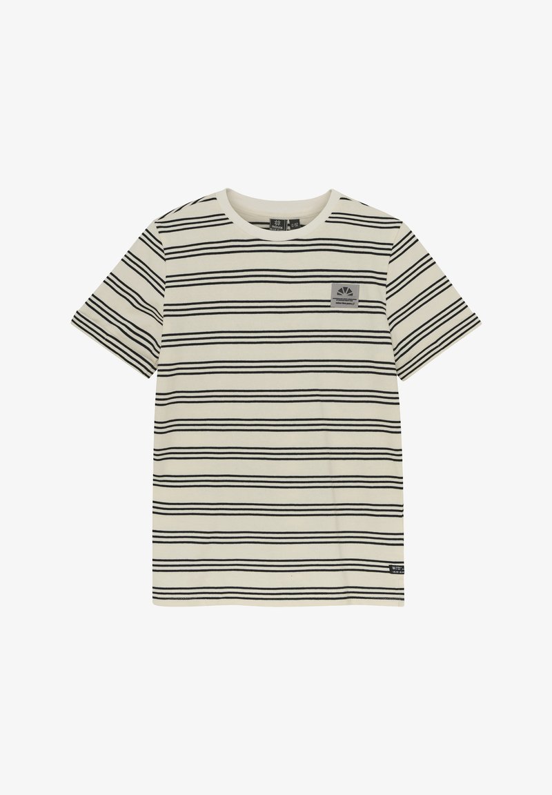 Cremefarbiges T-Shirt mit schwarzen horizontalen Streifen, Rundhalsausschnitt, kurzen Ärmeln und einem kleinen Logopatch auf der linken Brust. Aus Baumwollmaterial.