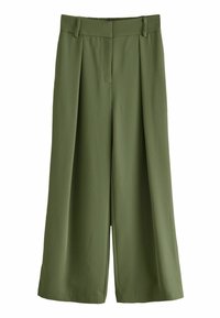 Grüne weit geschnittene Hose mit hoher Taille, gefaltetem Vorderteil und glatter Stoffoberfläche. Verfügt über Gürtelschlaufen und einen sauberen Abschluss am Saum.