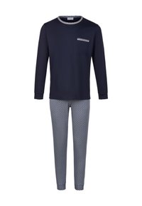 Marineblauw langemouwen top met een patroon op de halszak, gecombineerd met aansluitende pyjamabroeken met een diamantpatroon in blauw en wit.
