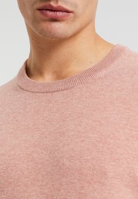 Ljusrosa tröja med rund halsringning tillverkad av textilerat tyg. Har en ribbad halsringning och en något figursydd design. Andningsbart och bekvämt material.