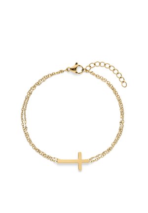 Gold bracelet with double chain and horizontal cross charm, featuring lobster clasp and adjustable links on a white background.