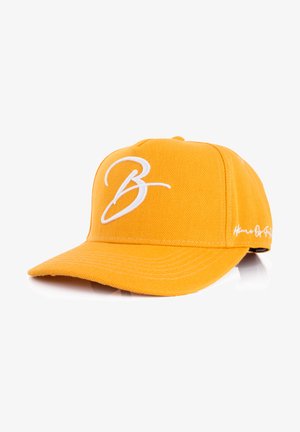Gelbes Baseballcap aus Baumwolle mit flachem Schirm. Hat einen weißen gestickten Buchstaben "B" und dezente weiße Beschriftung an der Seite.