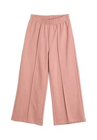 Lichtroze wijde broek met een elastische tailleband en zachte stof, met plooien die naar beneden lopen voor extra textuur.