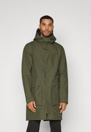 Green waterproof jacket with a hood, featuring a front zipper, two large pockets, and adjustable cuffs; made from smooth, durable material.