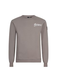 Grijze sweatshirt van een katoenmix, met een ronde hals, lange mouwen en een wit logo op de borst gedrukt. Eenvoudig ontwerp.