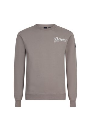 Grauer Pullover aus Baumwollmischung mit Rundhalsausschnitt, langen Ärmeln und einem weißen Logo auf der Brust. Einfaches Design.