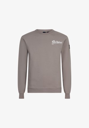 Grijze sweatshirt van een katoenmix, met een ronde hals, lange mouwen en een wit logo op de borst gedrukt. Eenvoudig ontwerp.