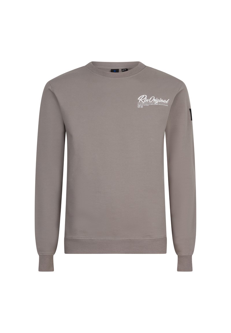 Grijze sweatshirt van een katoenmix, met een ronde hals, lange mouwen en een wit logo op de borst gedrukt. Eenvoudig ontwerp.