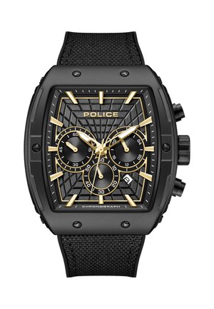 Crni pravokutni kronograf sat sa zlatnim detaljima, tri podbrojčanika, prozor s datumom na 4 sata i crni pleteni remen.