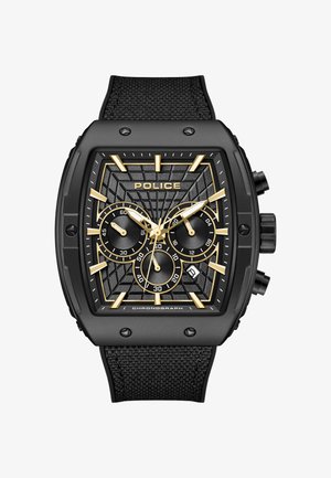 Reloj cronógrafo rectangular negro con detalles en dorado, tres esferas auxiliares, ventana de fecha a las 4 en punto y correa negra trenzada.