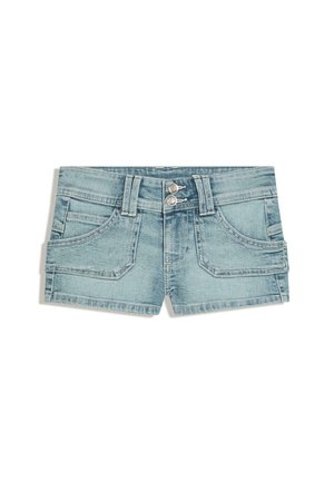 Lichtblauwe denim shorts met dubbele knoopsluiting, riemlussen, voor- en zijzakken, en vervaagde waseffecten.