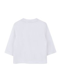 T-shirt blanc à manches longues avec un col arrondi. Texture de coton lisse, design uni et ourlet droit sans graphiques ni embellissements.