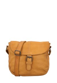 Braune Leder-Crossbody-Tasche mit Klappenverschluss, verstellbarem Gurt und metallem Schnallendetail. Glatte Textur mit natürlicher Oberfläche.