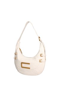 Hobo-stijl tas in witte leren met een gladde textuur, voorzien van hardware en branding in goudkleur, met twee zijgesp beugels.