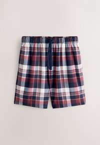 Short à carreaux avec taille élastique et cordon bleu marine, présentant un motif à carreaux bleu marine, blanc et bordeaux sur fond clair.