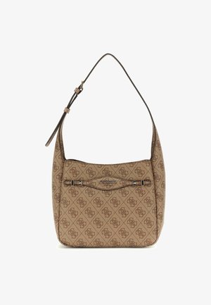 Brūns auduma somiņš, kas ir ar logotipa rakstu, regulējamu ādas siksnu un metāla akcentiem, ar rāvējslēdzēja priekšējo kabatu.