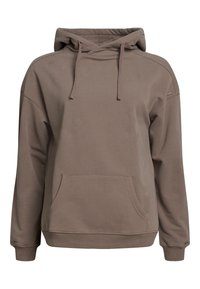 Felpa in cotone marrone con tasca anteriore, cappuccio regolabile con cordino, vestibilità ampia e polsini a costine. Texture liscia e design minimale.