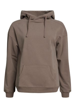 Rudas medvilninis džemperis su priekiu kišene, reguliuojama kapuce, laisvas finišas ir gomuriai su raukšlėmis. Lygi tekstūra ir minimalus dizainas.