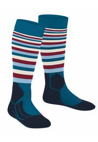 Skarpetki do kolan w paski w niebieskim, kremowym i burgundowym kolorze. Wzmocnione palce i pięty z teksturowanym uchwytem. Miękki dzianinowy materiał.