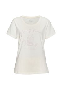 White cotton t-shirt with short sleeves featuring a light purple graphic of a cocktail glass and text: "Amalfi Coast" and "Endless Summer."