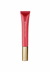 Max Factor läppprodukt i ett livfullt rosa rör med en jämn, matt finish; guldmetallic bas; elegant design; inga mönster eller accenter.