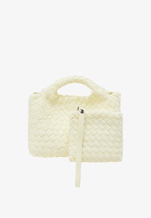 Szőtt sárga kézitáska texturált felülettel, kerek fogantyúval és cipzáras, levehető zsebbel. Kompakt és letisztult dizájn.