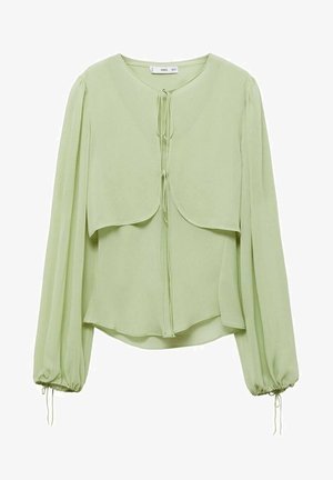 Blusa verde chiaro con scollatura rotonda, maniche lunghe a pieghe e un design anteriore a strati. Realizzata in un tessuto morbido e fluido con dettagli a coulisse.