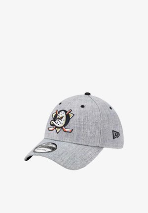 Gray cap with embroidered logo featuring a hockey mask and sticks, black accents, flat brim, and textured fabric.