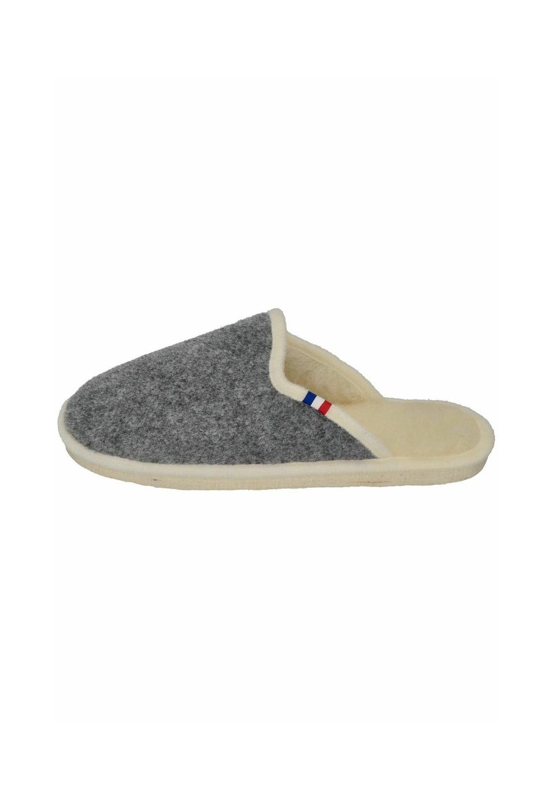 Gray felt slipper with soft cream lining, open-back design, and a small tri-colored accent near the top edge. Flat sole for indoor use.