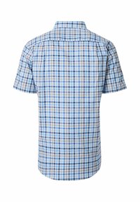 Korte mouwen geruit overhemd in lichtblauw, donkerblauw en grijs met een normale kraag en een rechte zoom. Gemaakt van lichtgewicht katoenen stof.