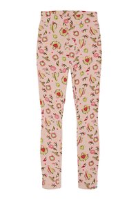 Leggings roses avec un motif floral et des cœurs, agrémentés de touches de vert et de rouge. Fabriqués dans un matériau doux et extensible pour un maximum de confort.