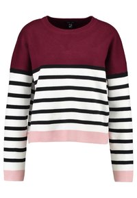 Sweter typu pulower z bordową górną częścią, białymi i czarnymi poziomymi paskami oraz różowym prążkowanym obszyciem. Dzianinowy materiał, długie rękawy.