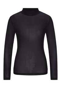 Top lung cu mânecă lungă, de culoare neagră, cu gât înalt, realizat dintr-un material transparent cu o textură perforată subtilă. Design neted, ajustat pe corp.