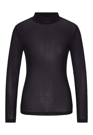 Sort langærmet top med høj hals, lavet af gennemsigtigt materiale med en subtil perforeret tekstur. Glat, tætsiddende design.