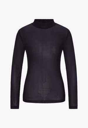 Sort langærmet top med høj hals, lavet af gennemsigtigt materiale med en subtil perforeret tekstur. Glat, tætsiddende design.