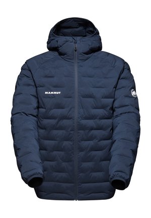 Giacca puffer navy con zip frontale, cappuccio e design trapuntato. Le caratteristiche includono polsini elasticizzati e un logo sul petto e sulla manica.