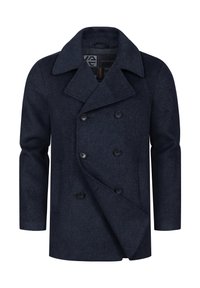 Abrigo tipo peacoat de mezcla de lana en color navy, con un diseño de doble botonadura, amplios solapas y seis botones negros. Tejido texturizado con un acabado suave.