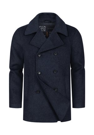 Marineblaue Wollmischung-Peacoat mit doppelter Knopfleiste, großen Revers und sechs schwarzen Knöpfen. Texturiert mit glatter Oberfläche.