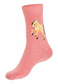 Rosa Baumwollsocke mit einem hellbraunen Pferdemotiv. Mit einem gerippten Bündchen und glatter Textur. Knöchellang mit verstärktem Zehenbereich.